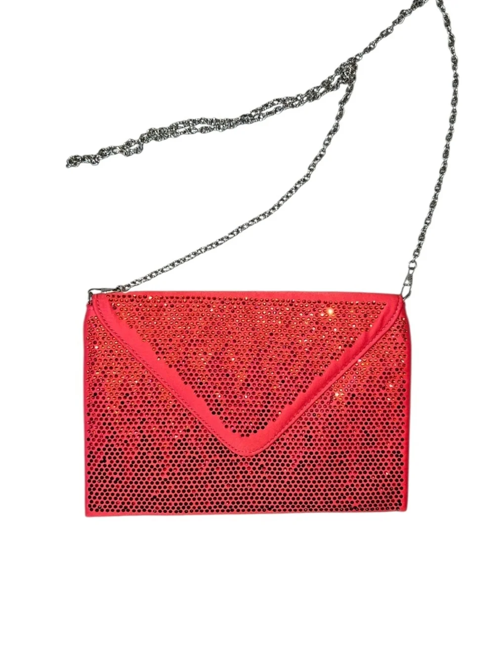 EUC Red Satin Rhinestone Evening Clutch Sparkly Envelope Crossbody Cocktail Bag